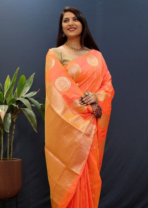 VastraLakshmi Quintessential Peach Soft Banarasi Silk Saree With Surreptitious Blouse Piece