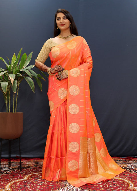 VastraLakshmi Quintessential Peach Soft Banarasi Silk Saree With Surreptitious Blouse Piece