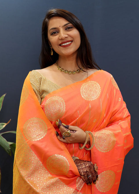 VastraLakshmi Quintessential Peach Soft Banarasi Silk Saree With Surreptitious Blouse Piece