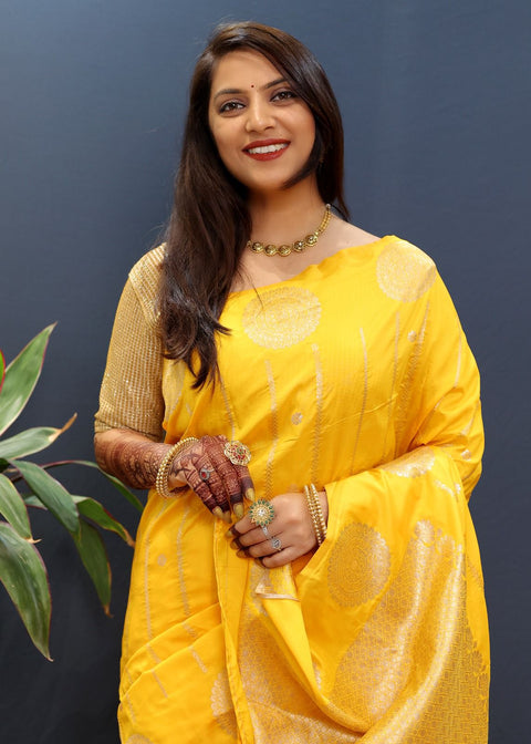 VastraLakshmi Gratifying Yellow Soft Banarasi Silk Saree With Felicitous Blouse Piece