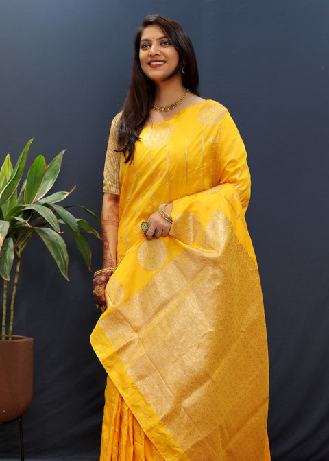 VastraLakshmi Gratifying Yellow Soft Banarasi Silk Saree With Felicitous Blouse Piece