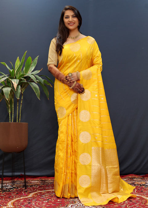 VastraLakshmi Gratifying Yellow Soft Banarasi Silk Saree With Felicitous Blouse Piece