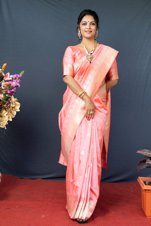 VastraLakshmi Adorning Baby Pink Banarasi Silk Saree With Classic Blouse Piece