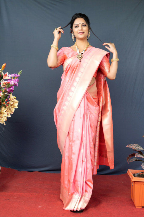 VastraLakshmi Adorning Baby Pink Banarasi Silk Saree With Classic Blouse Piece