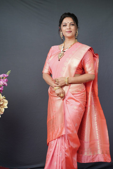 VastraLakshmi Adorning Baby Pink Banarasi Silk Saree With Classic Blouse Piece