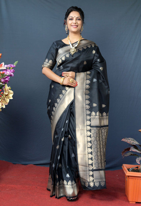 VastraLakshmi Unique Black Banarasi Silk Saree With Classic Blouse Piece