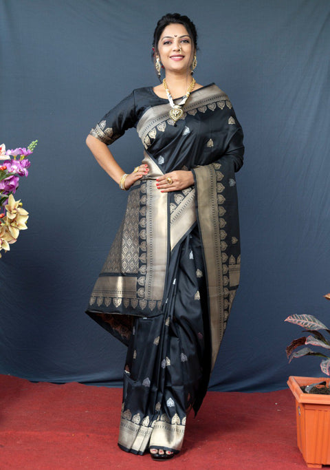 VastraLakshmi Unique Black Banarasi Silk Saree With Classic Blouse Piece