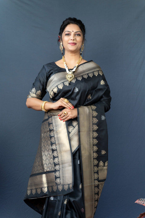 VastraLakshmi Unique Black Banarasi Silk Saree With Classic Blouse Piece