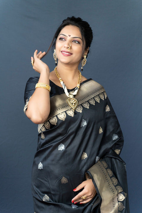 VastraLakshmi Unique Black Banarasi Silk Saree With Classic Blouse Piece