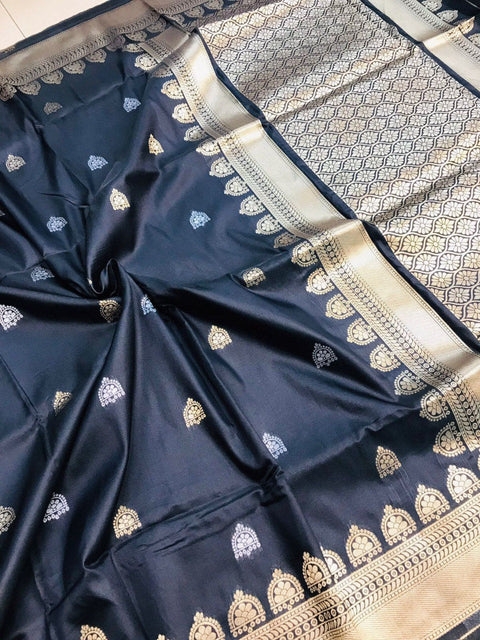 VastraLakshmi Unique Black Banarasi Silk Saree With Classic Blouse Piece