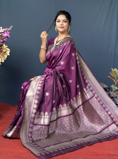 VastraLakshmi Outstanding Purple Banarasi Silk Saree With Classic Blouse Piece