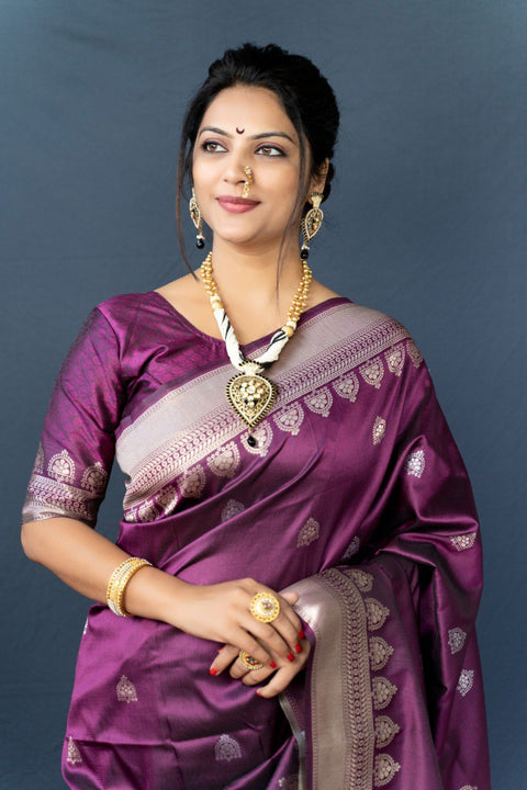 VastraLakshmi Outstanding Purple Banarasi Silk Saree With Classic Blouse Piece