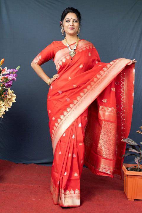 VastraLakshmi Invaluable Red Banarasi Silk Saree With Classic Blouse Piece