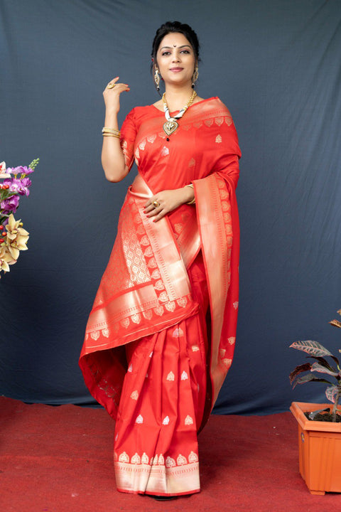 VastraLakshmi Invaluable Red Banarasi Silk Saree With Classic Blouse Piece