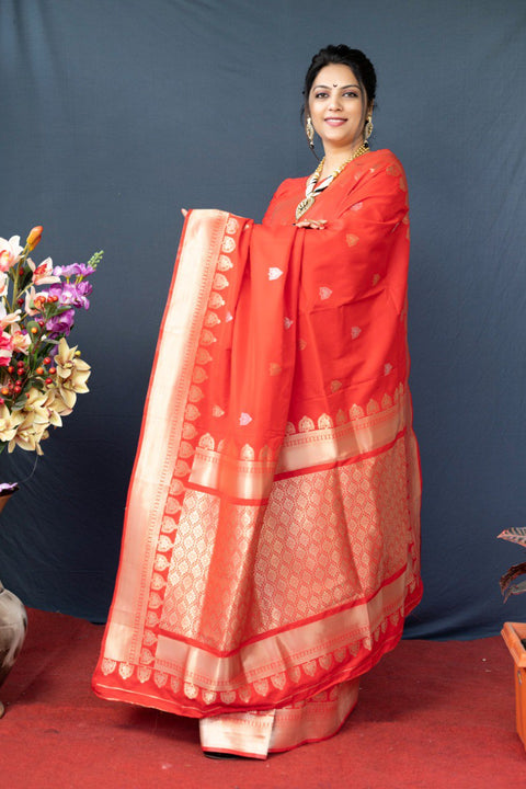 VastraLakshmi Invaluable Red Banarasi Silk Saree With Classic Blouse Piece