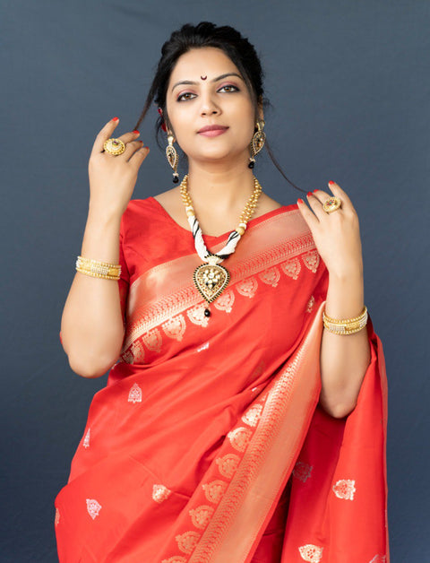 VastraLakshmi Invaluable Red Banarasi Silk Saree With Classic Blouse Piece