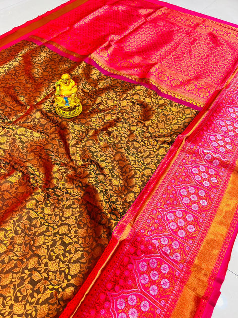 VastraLakshmi Lagniappe Brown Kanjivaram Silk Saree With Felicitous Blouse Piece