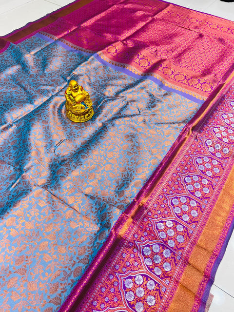 VastraLakshmi Luxuriant Sky Kanjivaram Silk Saree With Gratifying Blouse Piece