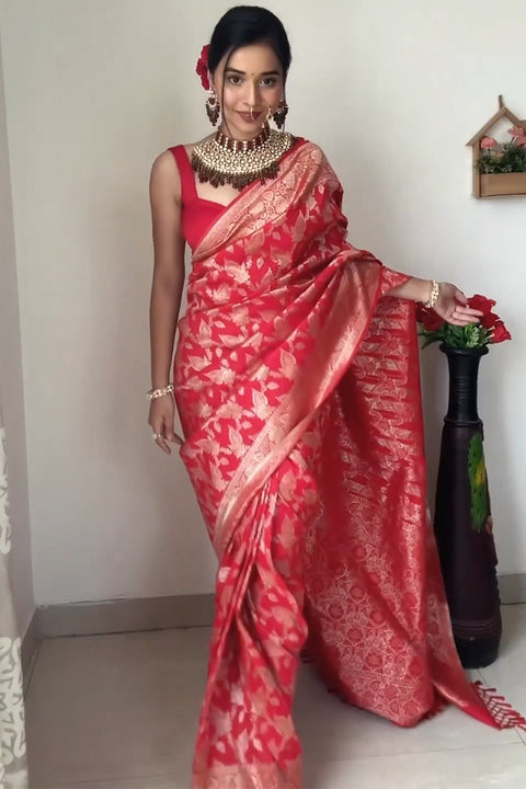 VastraLakshmi Mesmeric 1-Minute Ready To Wear Red Soft Silk Saree