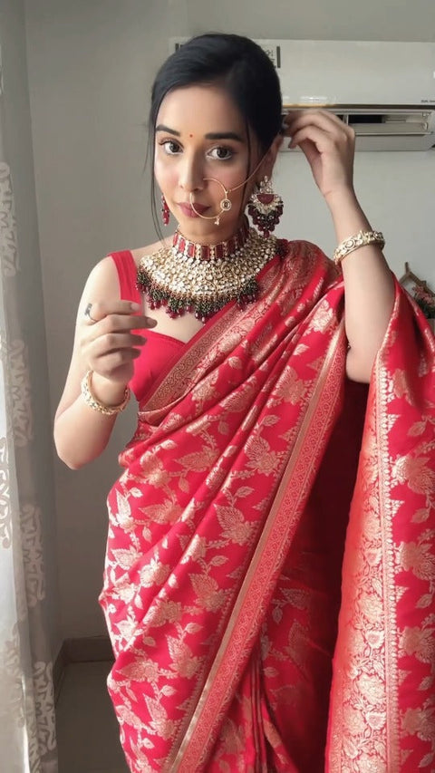 VastraLakshmi Mesmeric 1-Minute Ready To Wear Red Soft Silk Saree