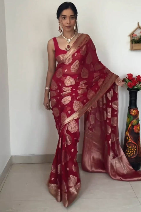 VastraLakshmi Alluring 1-Minute Ready To Wear Red Cotton Silk Saree