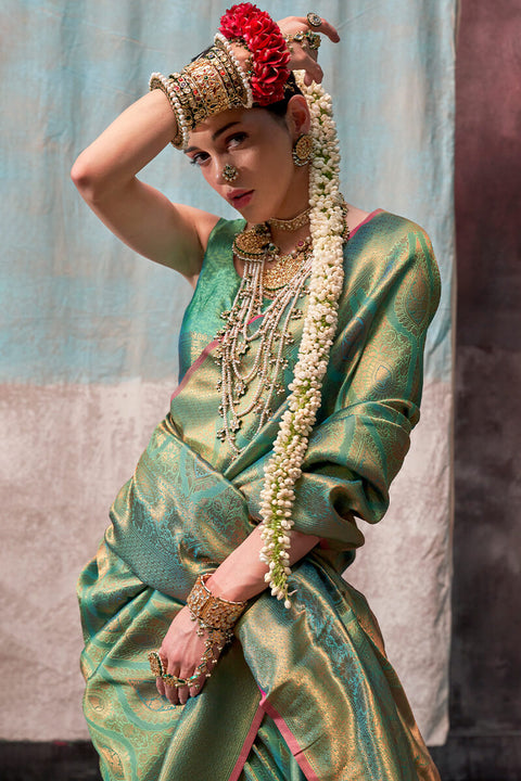 VastraLakshmi Splendorous Green Kanjivaram Silk Saree With Resplendent Blouse Piece