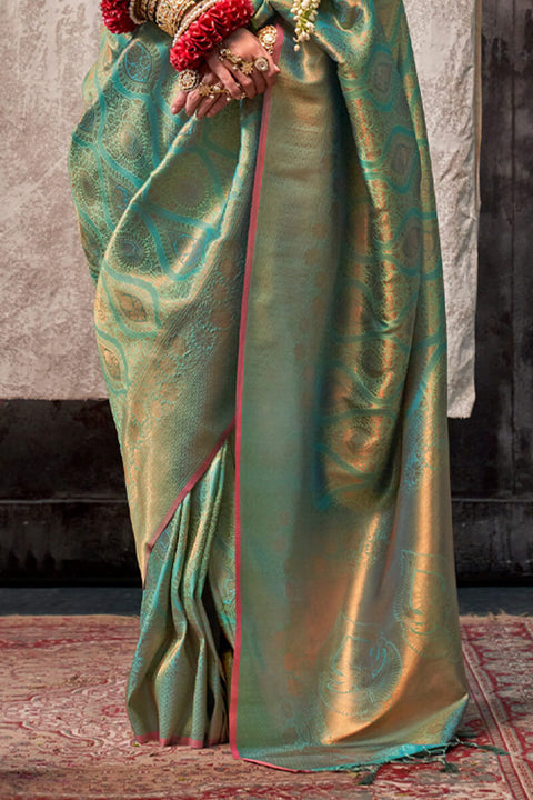 VastraLakshmi Splendorous Green Kanjivaram Silk Saree With Resplendent Blouse Piece