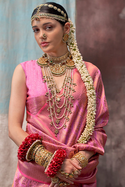 VastraLakshmi Dissemble Pink Kanjivaram Silk Saree With Ephemeral Blouse Piece