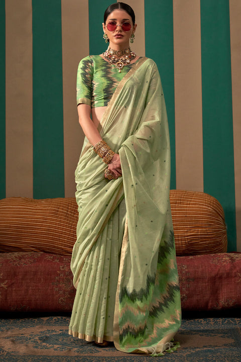 VastraLakshmi Engaging Pista Cotton Silk Saree With Transcendent Blouse Piece