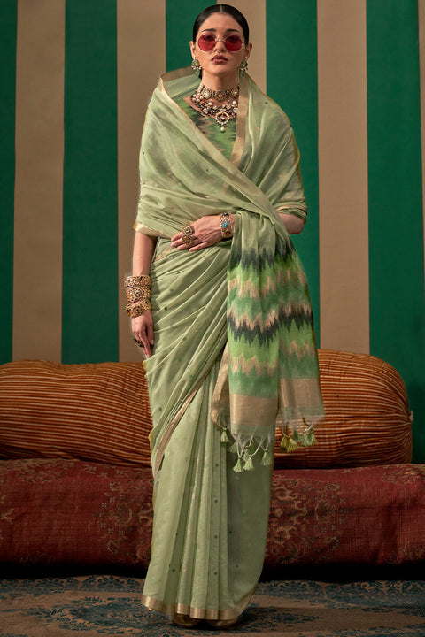 VastraLakshmi Engaging Pista Cotton Silk Saree With Transcendent Blouse Piece