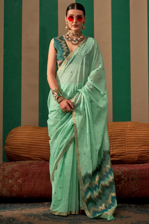 VastraLakshmi Alluring Sea Green Cotton Silk Saree With Incomparable Blouse Piece