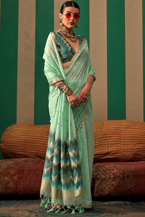 VastraLakshmi Alluring Sea Green Cotton Silk Saree With Incomparable Blouse Piece