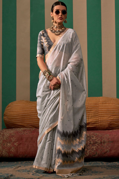 VastraLakshmi Serendipity Grey Cotton Silk Saree With Palimpsest Blouse Piece