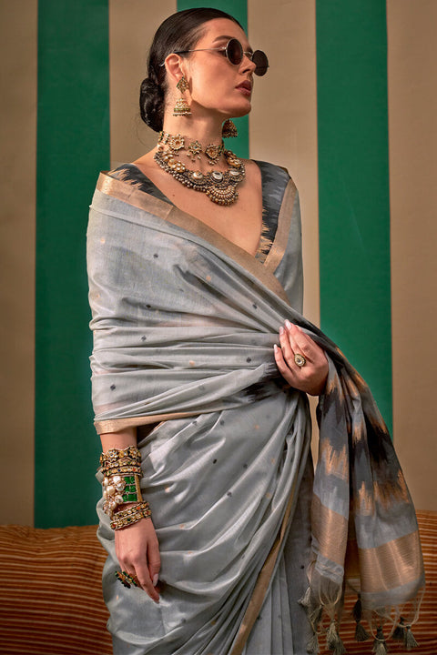 VastraLakshmi Serendipity Grey Cotton Silk Saree With Palimpsest Blouse Piece