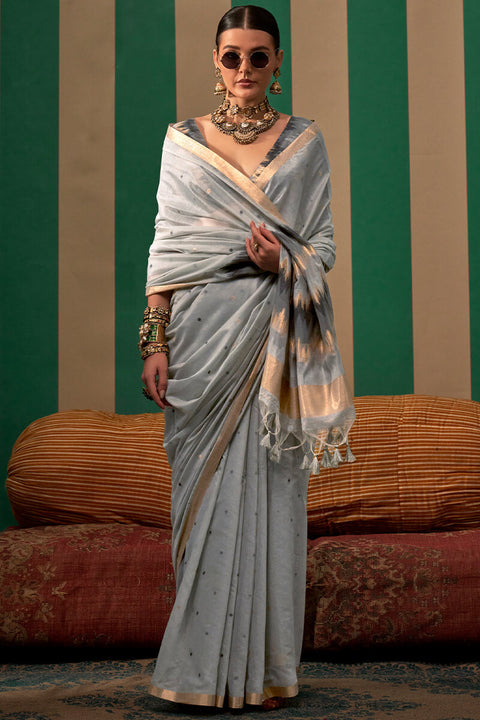 VastraLakshmi Serendipity Grey Cotton Silk Saree With Palimpsest Blouse Piece