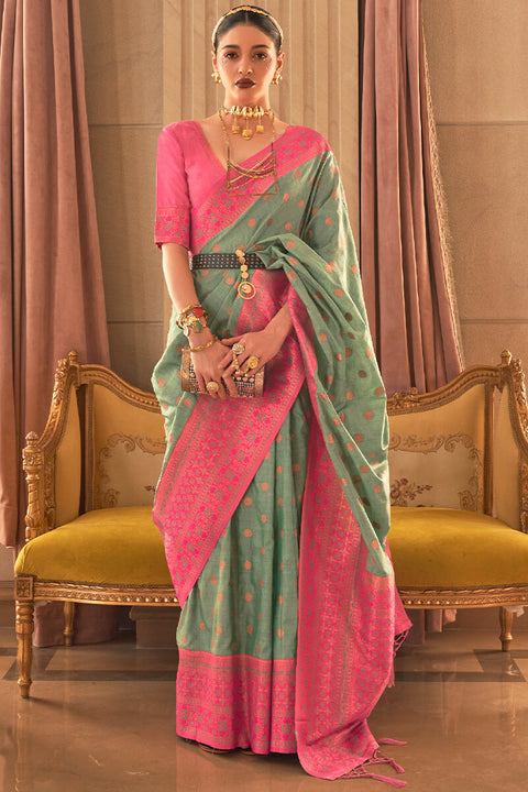 VastraLakshmi Prominent Sea Green Soft Banarasi Silk Saree With Fairytale Blouse Piece