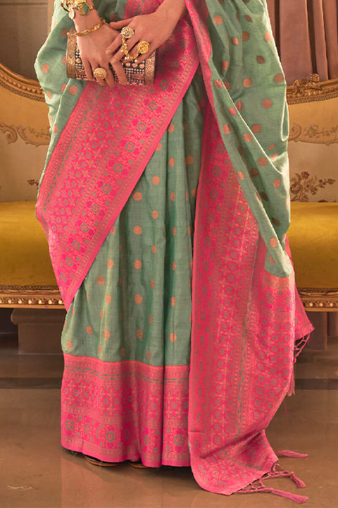 VastraLakshmi Prominent Sea Green Soft Banarasi Silk Saree With Fairytale Blouse Piece