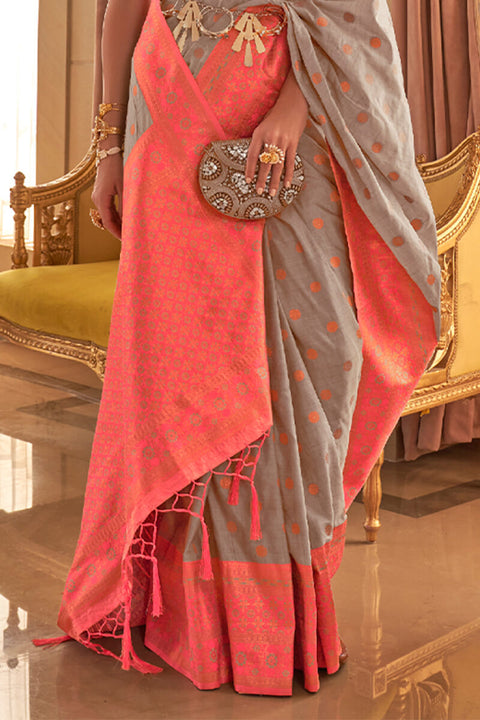 VastraLakshmi Conflate Grey Soft Banarasi Silk Saree With Efflorescence Blouse Piece