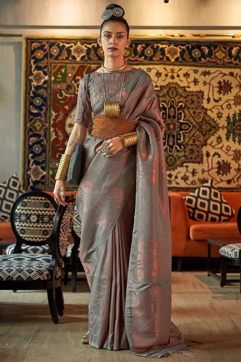 VastraLakshmi Designer Grey Kanjivaram Silk Saree With Engrossing Blouse Piece