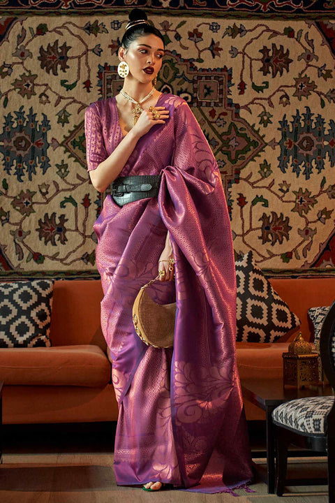 VastraLakshmi Desuetude Purple Kanjivaram Silk Saree With Ailurophile Blouse Piece