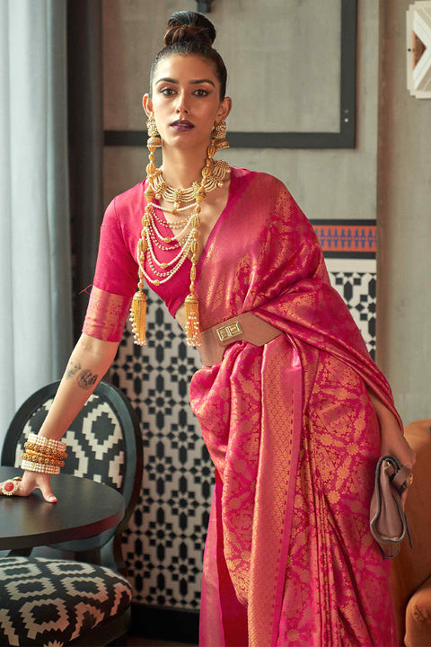 VastraLakshmi Glowing Dark Pink Kanjivaram Silk Saree With Capricious Blouse Piece