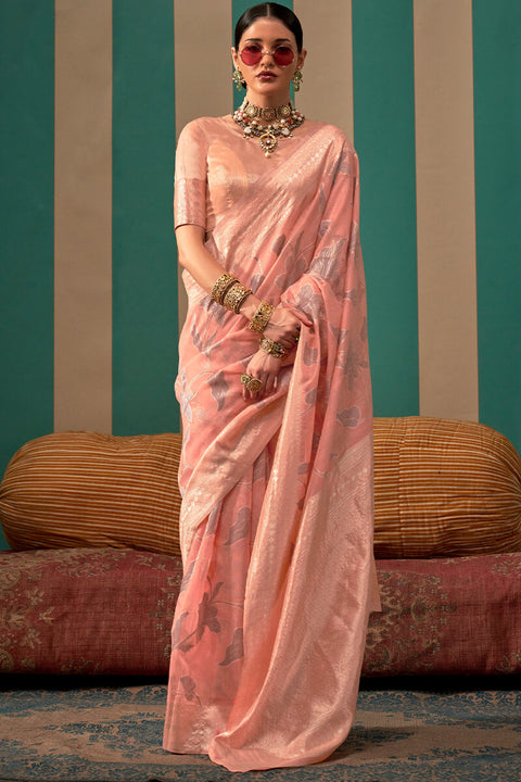 VastraLakshmi Resplendent Peach Cotton Silk Saree With Posh Blouse Piece