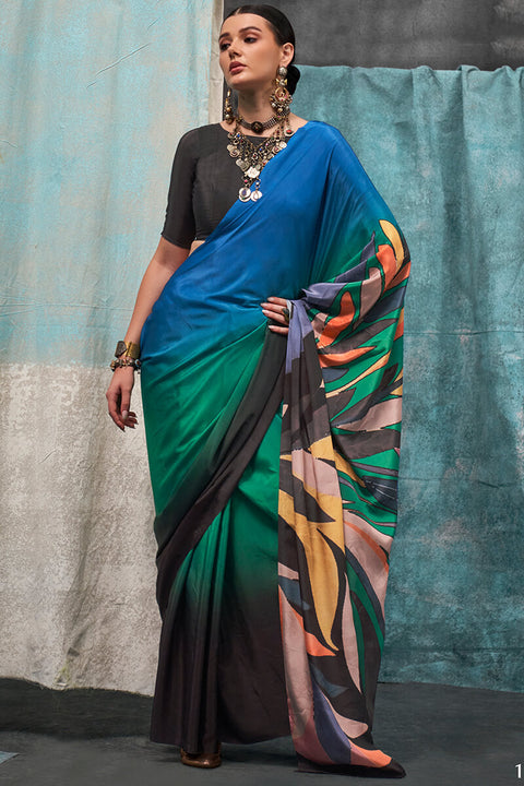 VastraLakshmi Conflate Green and Blue Digital Printed Crape Silk Saree With Groovy Blouse Piece