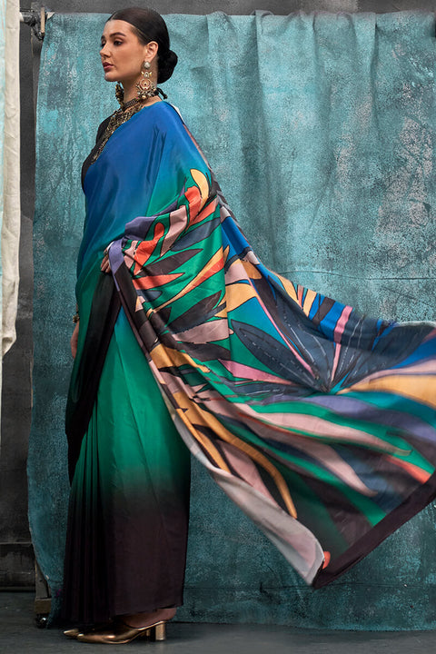 VastraLakshmi Conflate Green and Blue Digital Printed Crape Silk Saree With Groovy Blouse Piece