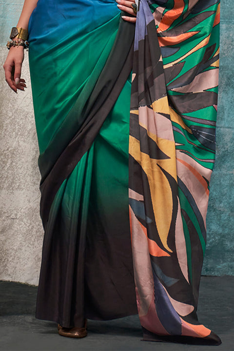 VastraLakshmi Conflate Green and Blue Digital Printed Crape Silk Saree With Groovy Blouse Piece