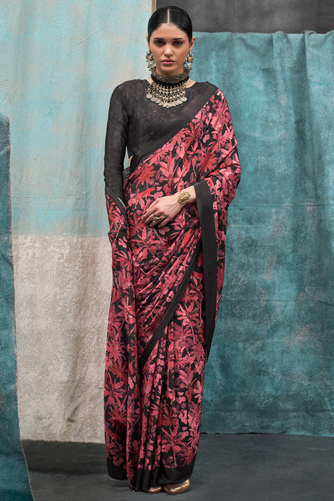 VastraLakshmi Attractive Maroon Digital Printed Crape Silk Saree With Elegant Blouse Piece