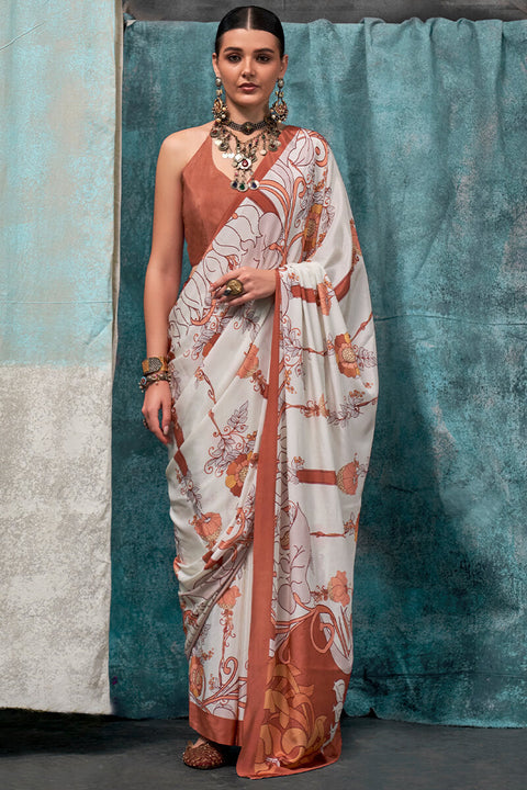 VastraLakshmi Amazing Off White Digital Printed Crape Silk Saree With Dazzling Blouse Piece