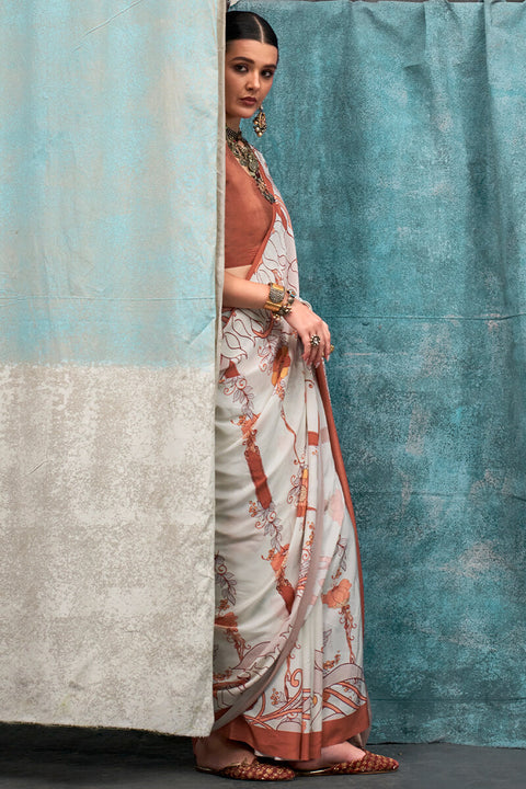 VastraLakshmi Amazing Off White Digital Printed Crape Silk Saree With Dazzling Blouse Piece