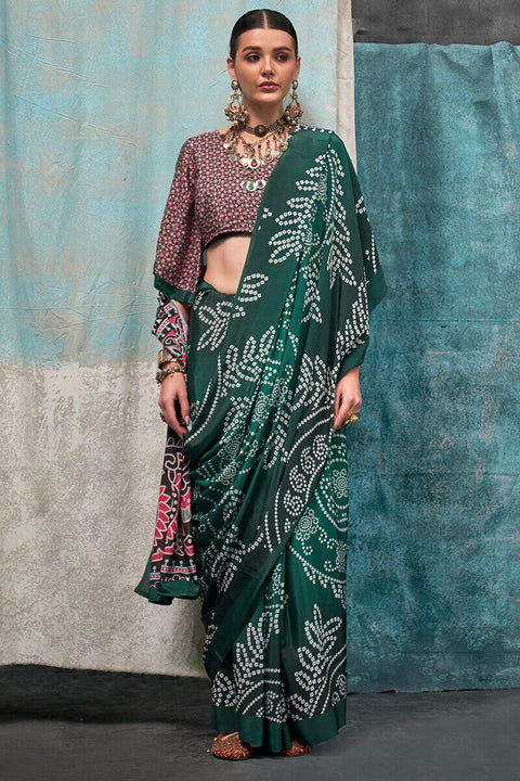 VastraLakshmi Enticing Dark Green Digital Printed Crape Silk Saree With Diaphanous Blouse Piece