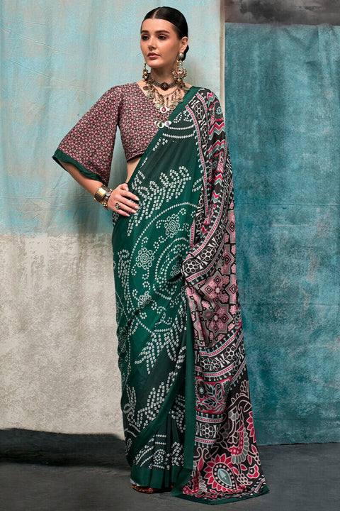 VastraLakshmi Enticing Dark Green Digital Printed Crape Silk Saree With Diaphanous Blouse Piece